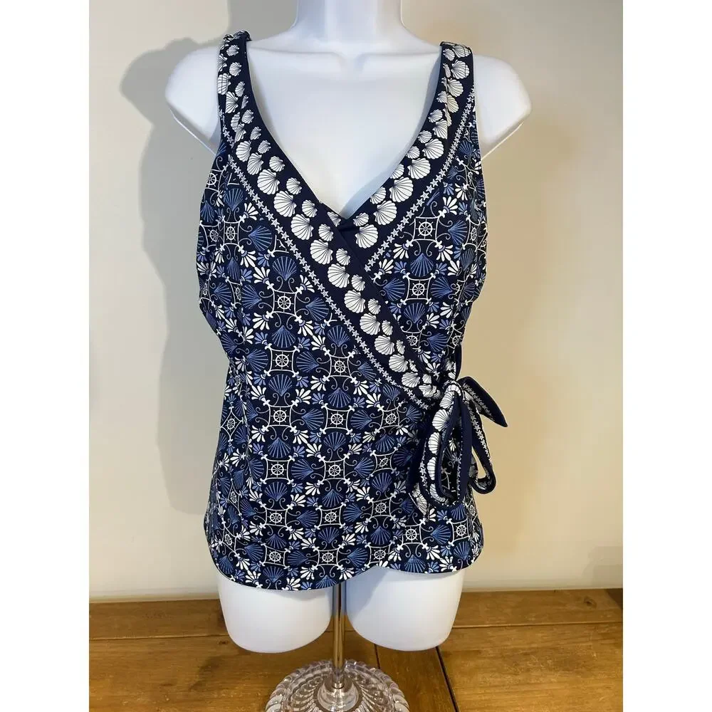 Lands' End Sz 12 Mini Swim Tankini Seashell Geo Navy Side Tie Summer Beach NWT